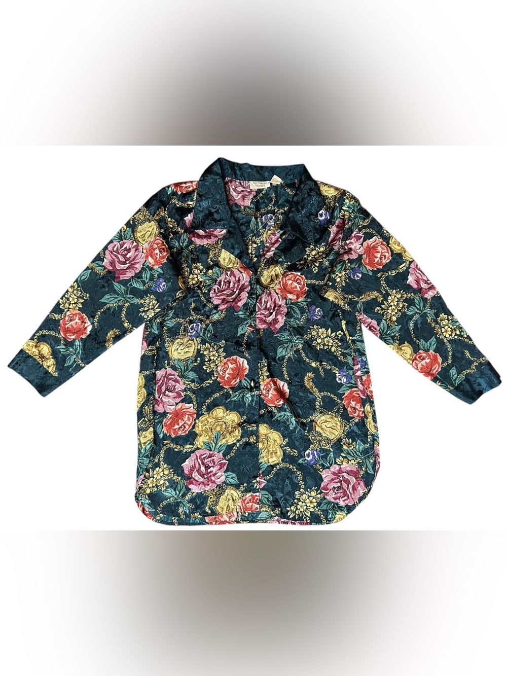 Vtg Victoria’s Secret Gold Label Pajama Shirt Dress Floral Satin Womens M/L